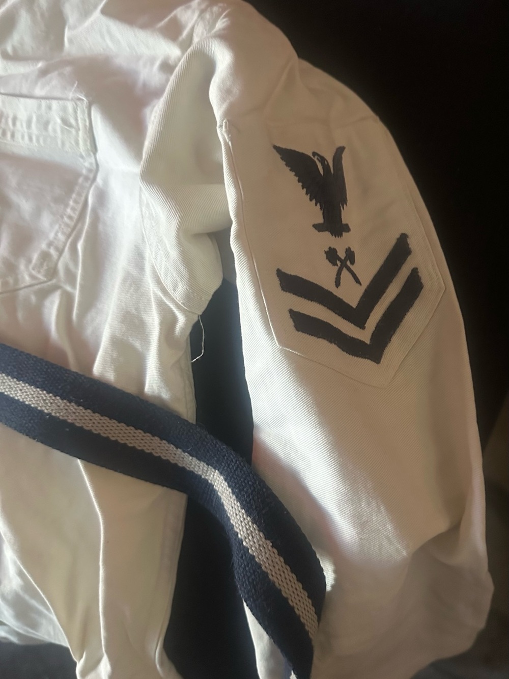 WWII White Military Men’s white enlisted Crackerjack uniform with belt.